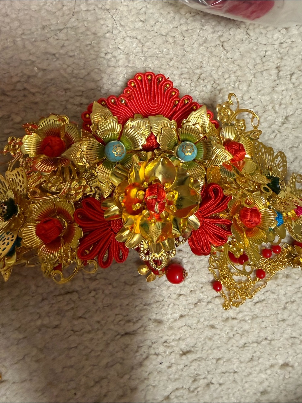 Ornate Gold & Red Bridal Hairpiece - Picture 3 of 8